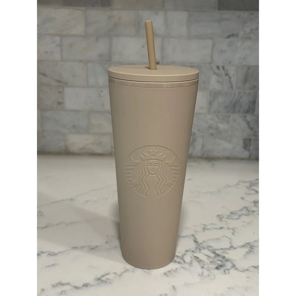 Starbucks 2022 Matte Tan Beige Siren Cold Cup Tumbler with Straw 24oz